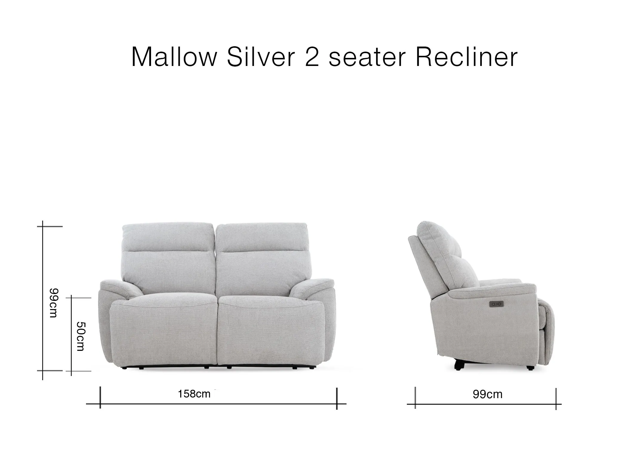 A dimension image of the Mallow 2 seater recliner with 158cm x 99cm