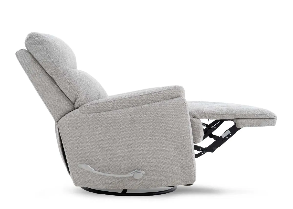 A silver fabric rocker swivel recliner from EZ Livings Mallow range. Back view of swivel base