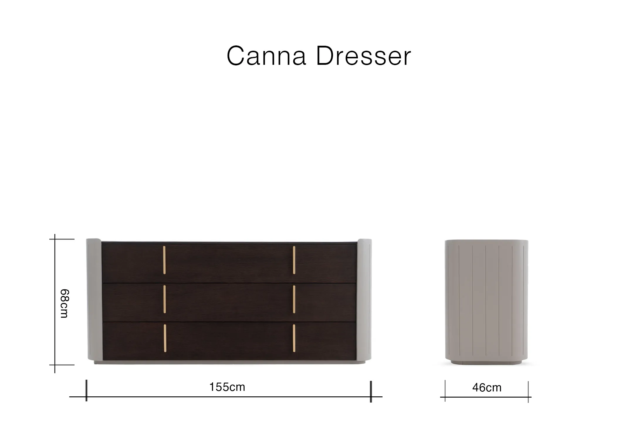 A dimension image of the Canna Dresser with 155cm x 45cm x 68cm