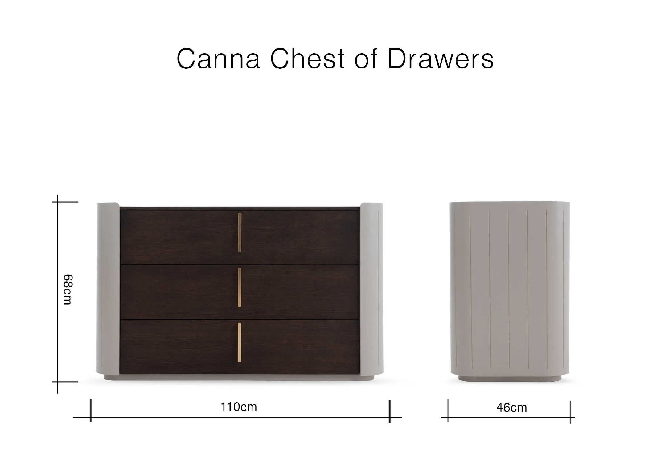 A dimension image of the Canna Chest of Drawers with 110cm x 46cm x 68cm