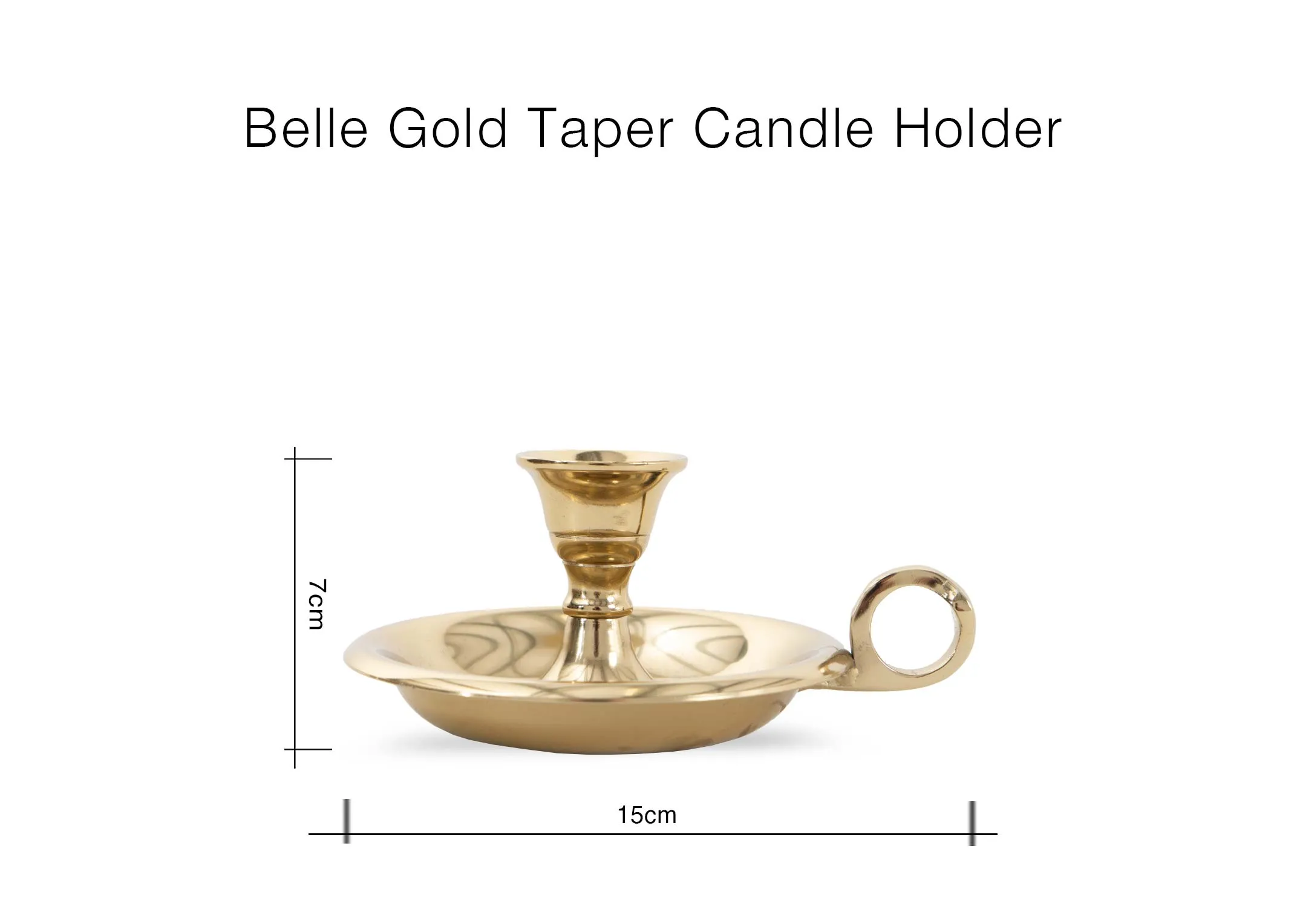 A dimension image of the Belle gold taper candle holder with 15cm x 7cm