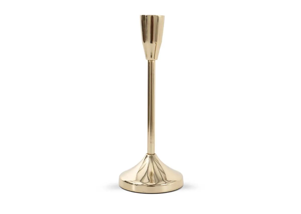 A gold single candle holder from EZ Livings Joy range. Front view