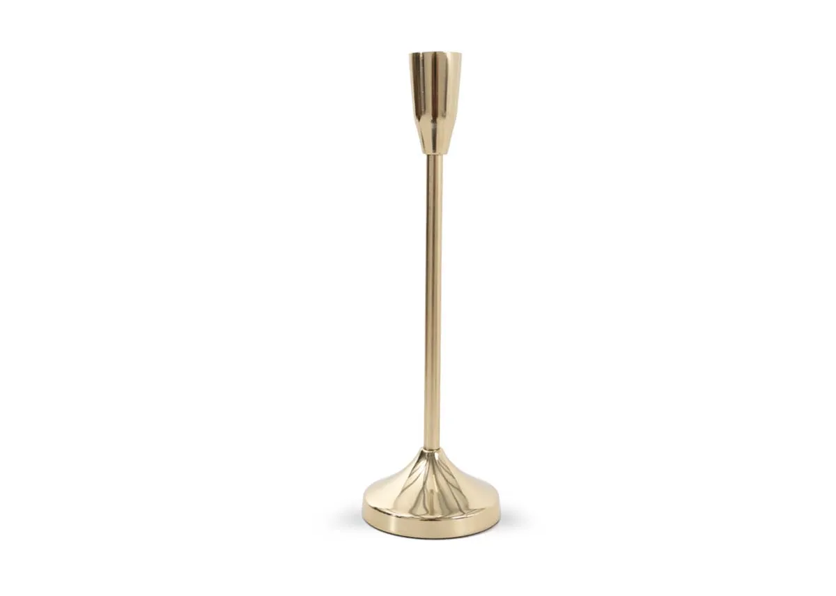 A gold single candle holder from EZ Livings Joy range. Front view