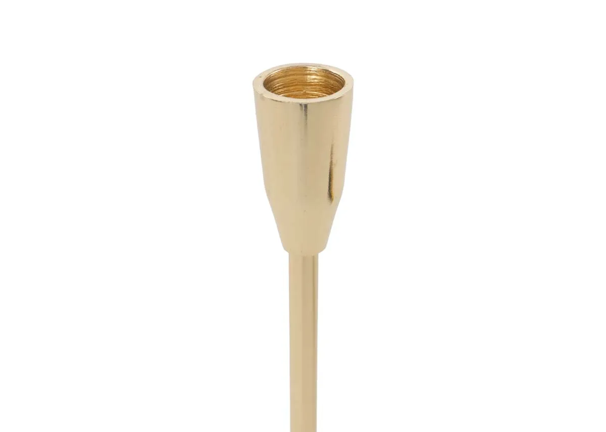 A gold single candle holder from EZ Livings Joy range. Closeup of dinner candle holder.