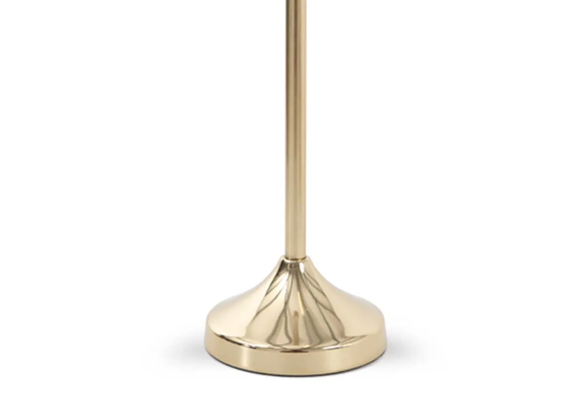 A gold single candle holder from EZ Livings Joy range. View of dosc shaped base