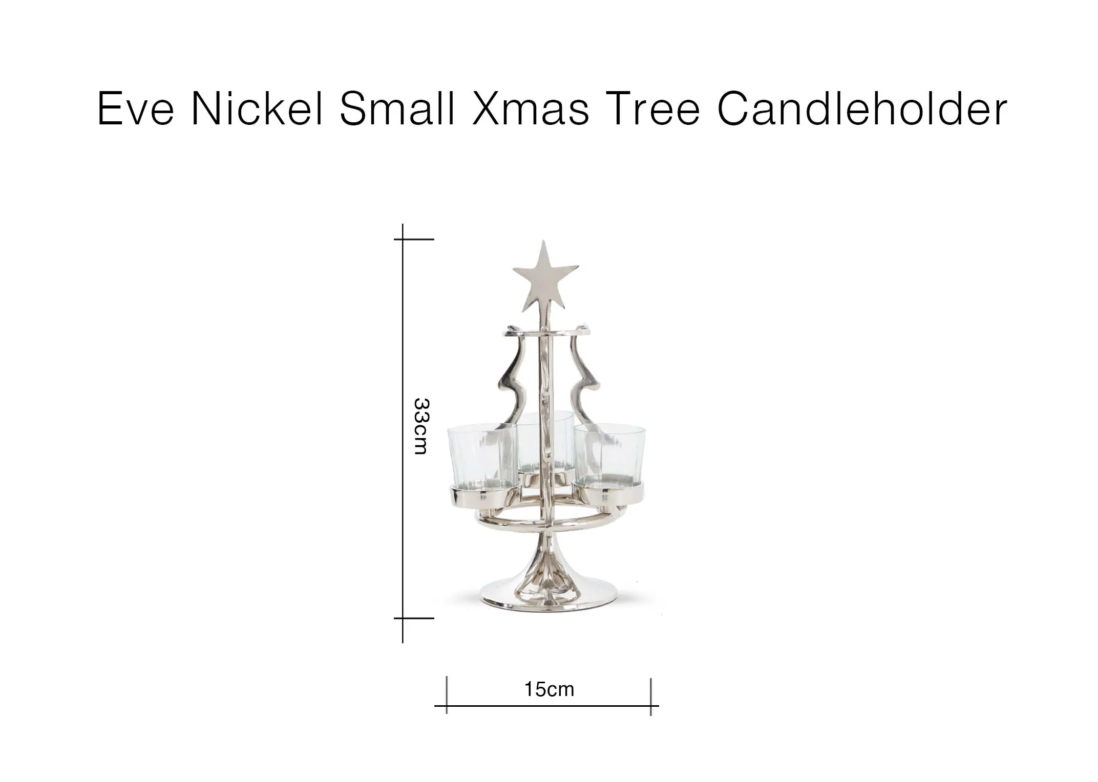A dimension image of the Eve Nickel candle holder with 15cm x 33cm