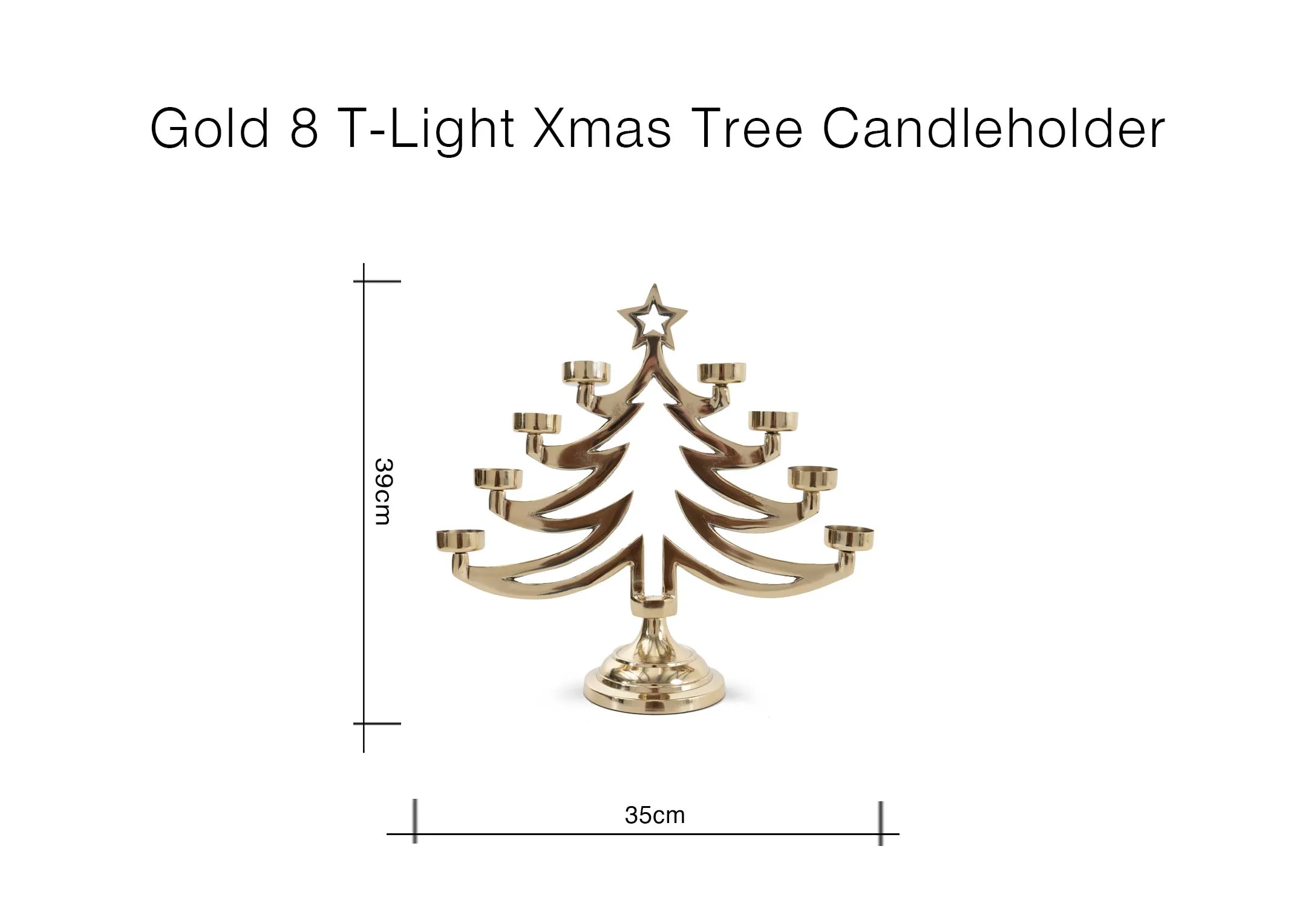 A dimension image of the Gold 8 light candle holder with  35cm x 39cm
