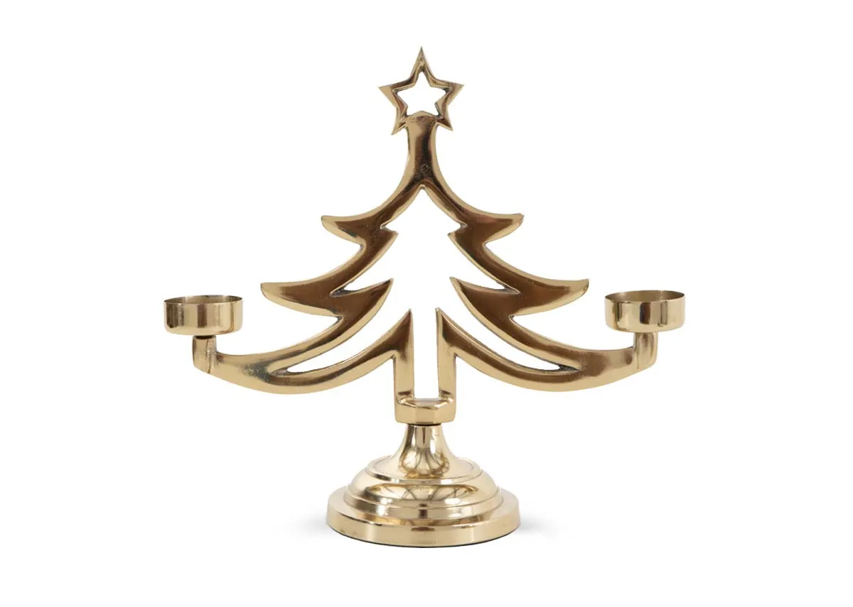 Gold Xmas Tree with 2 T-Lights - Christmas Candle Holder