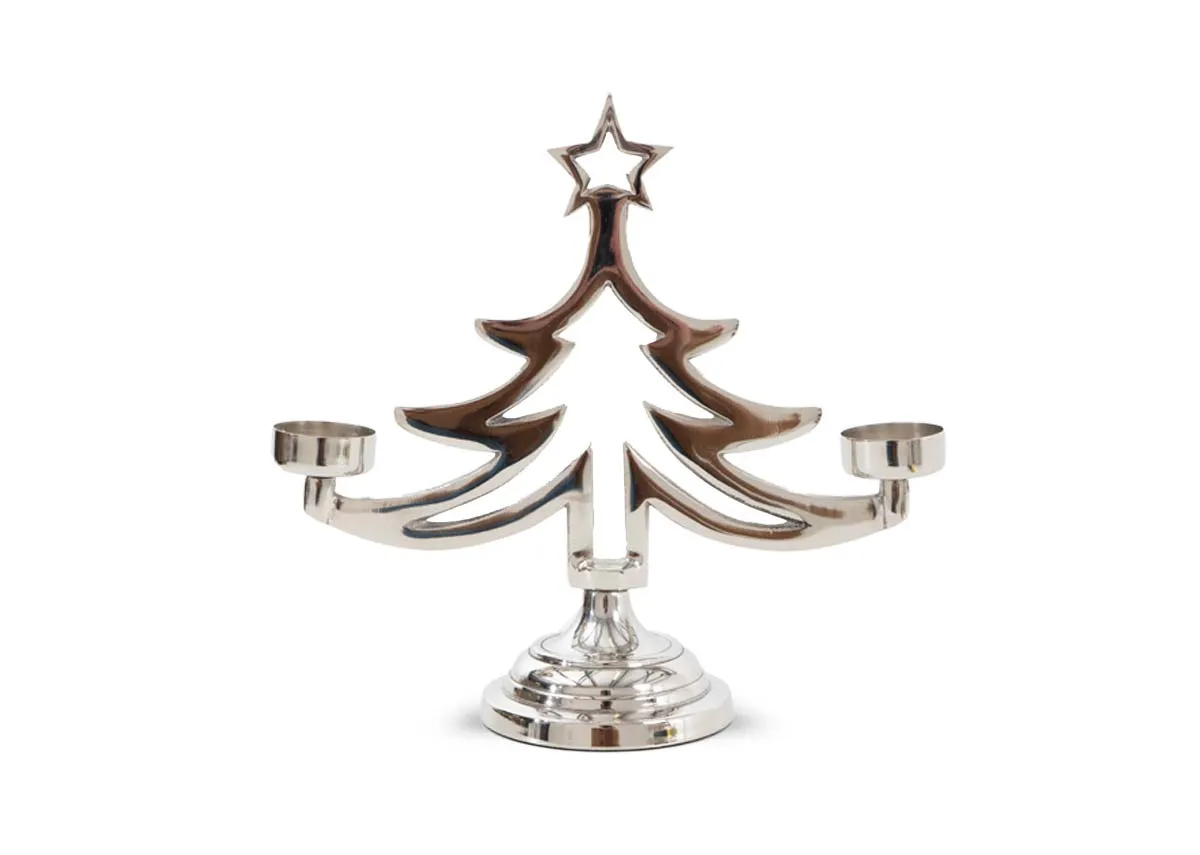 Nickel Xmas Tree with 2 T-Lights - Christmas Candle Holder