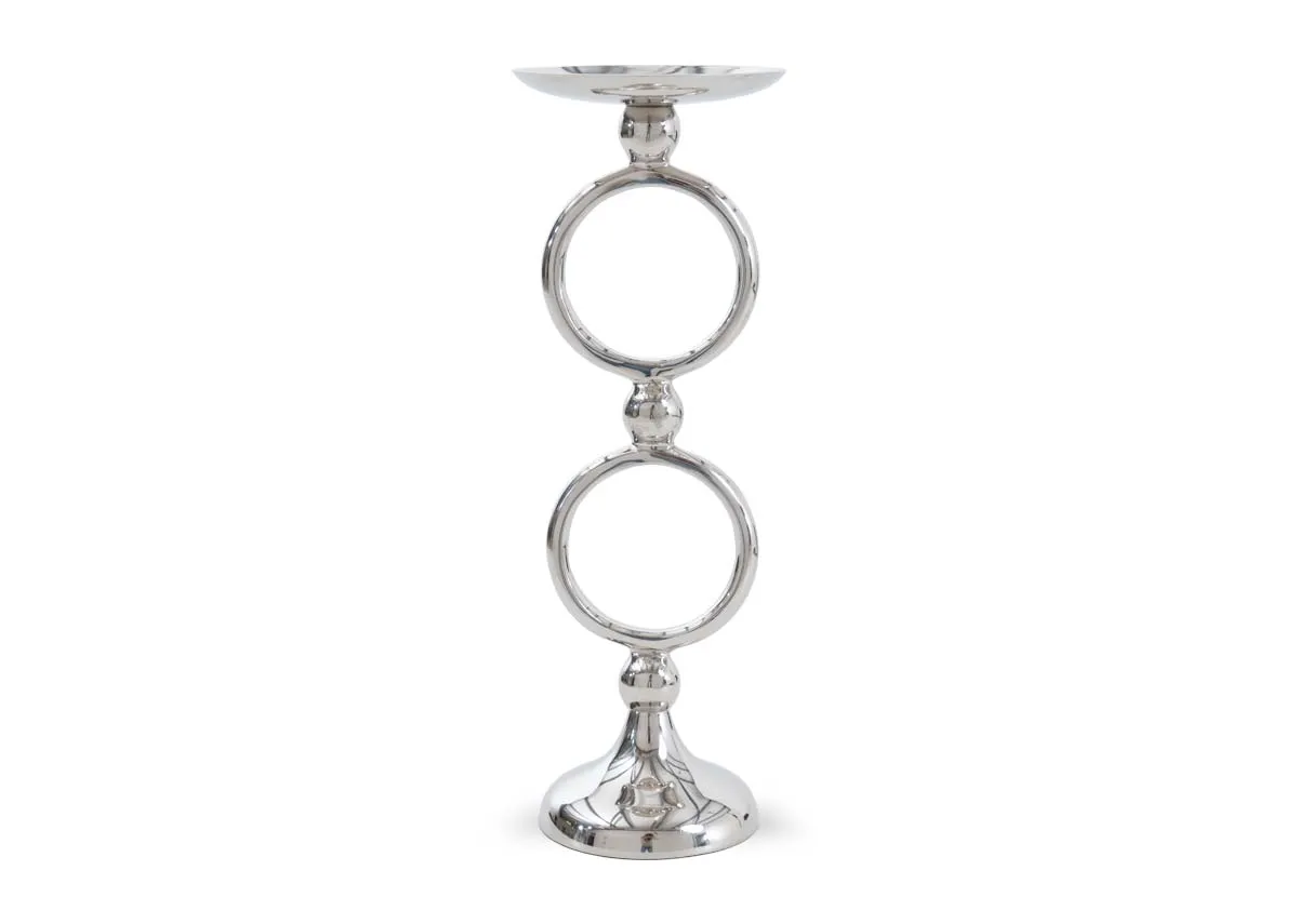 A front view of the Myrrah nickel pillar 2 loop candle holder showcasing its symmetrical design with two linked rings.
