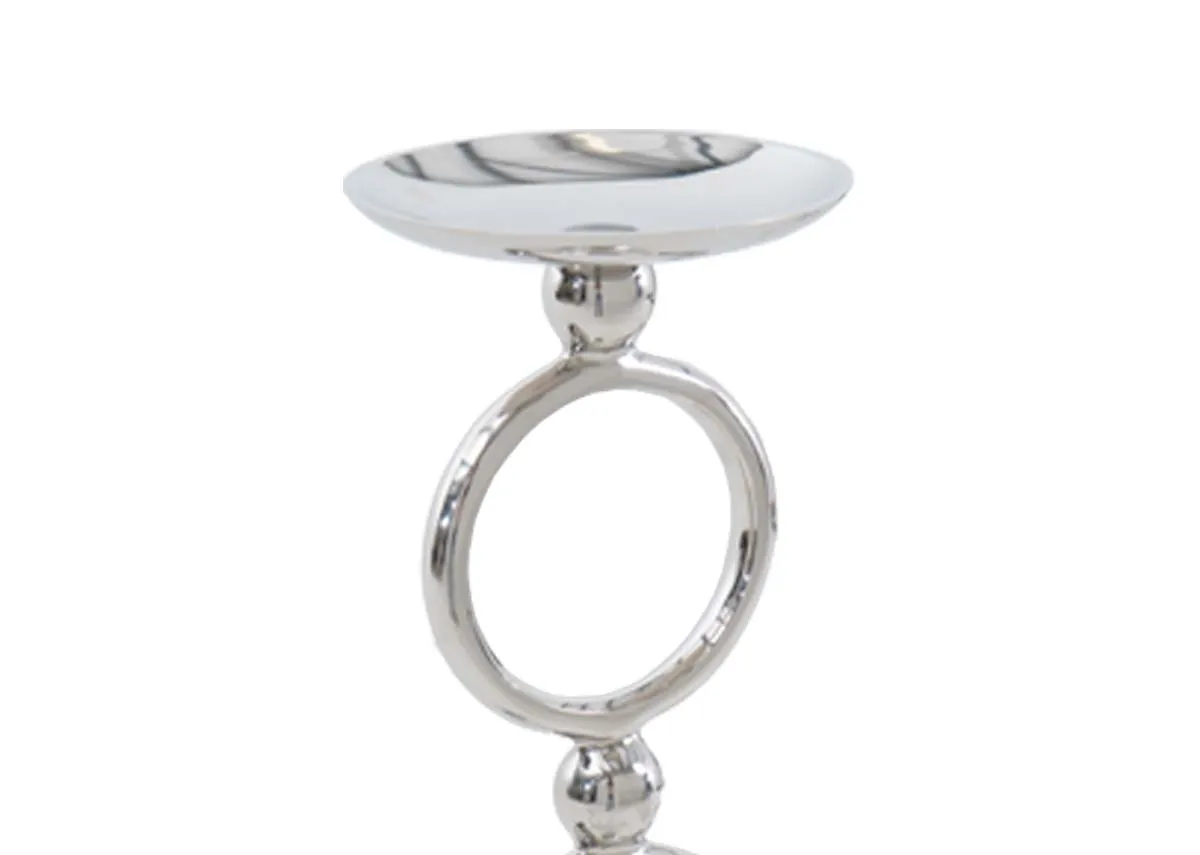 A close up of the top section of the Myrrah nickel pillar 2 loop candle holder showing the candle plate and upper ring.