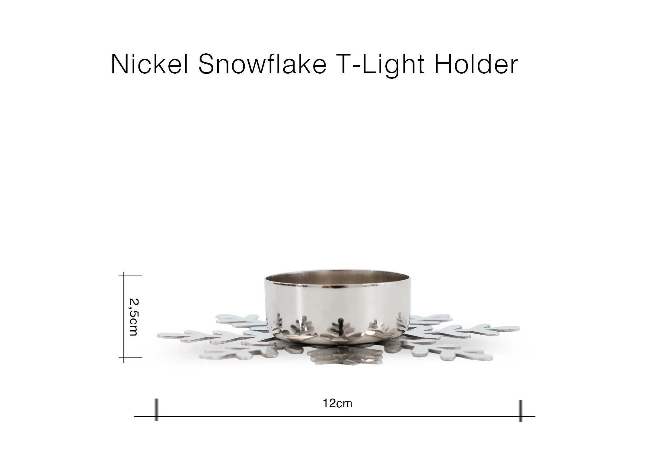 A dimension image of the Snowflake t light holder with 12.5cm x 2cm