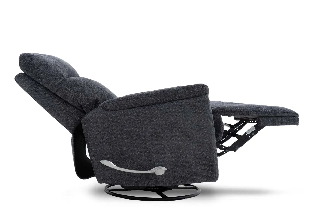 A silver fabric rocker swivel recliner from EZ Livings Mallow range. Side view fixed