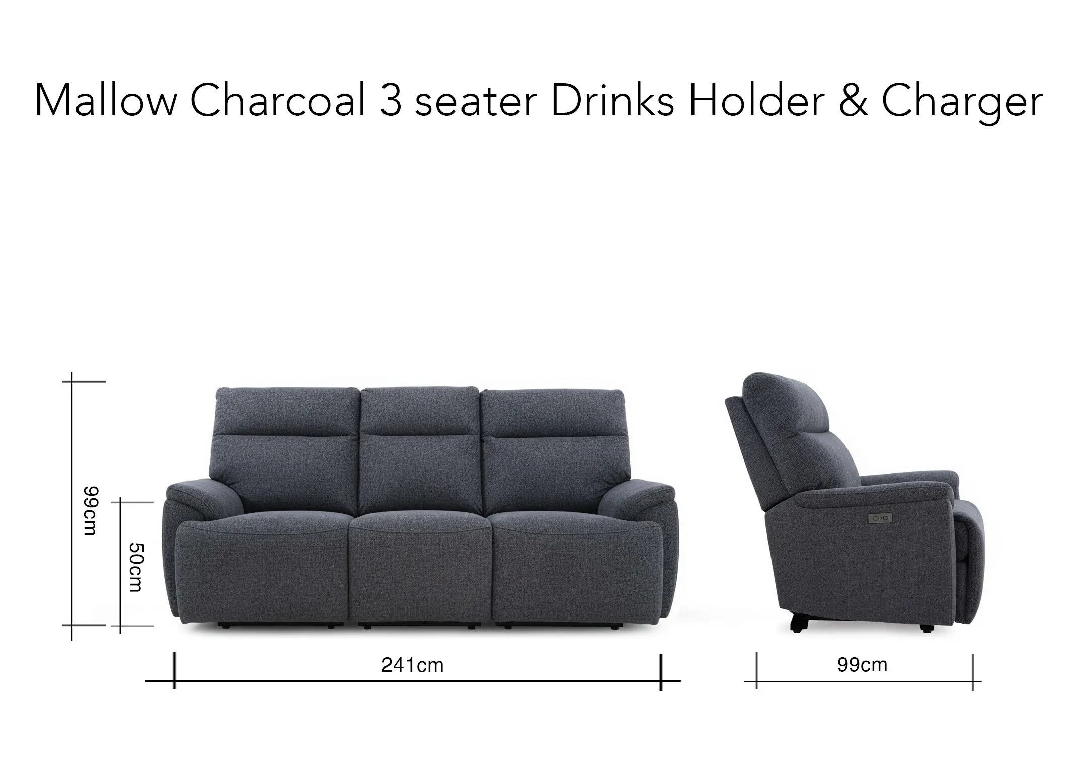 A dimension image of the Mallow Charcoal 3 Seater with 241cm x 99cm x 99cm