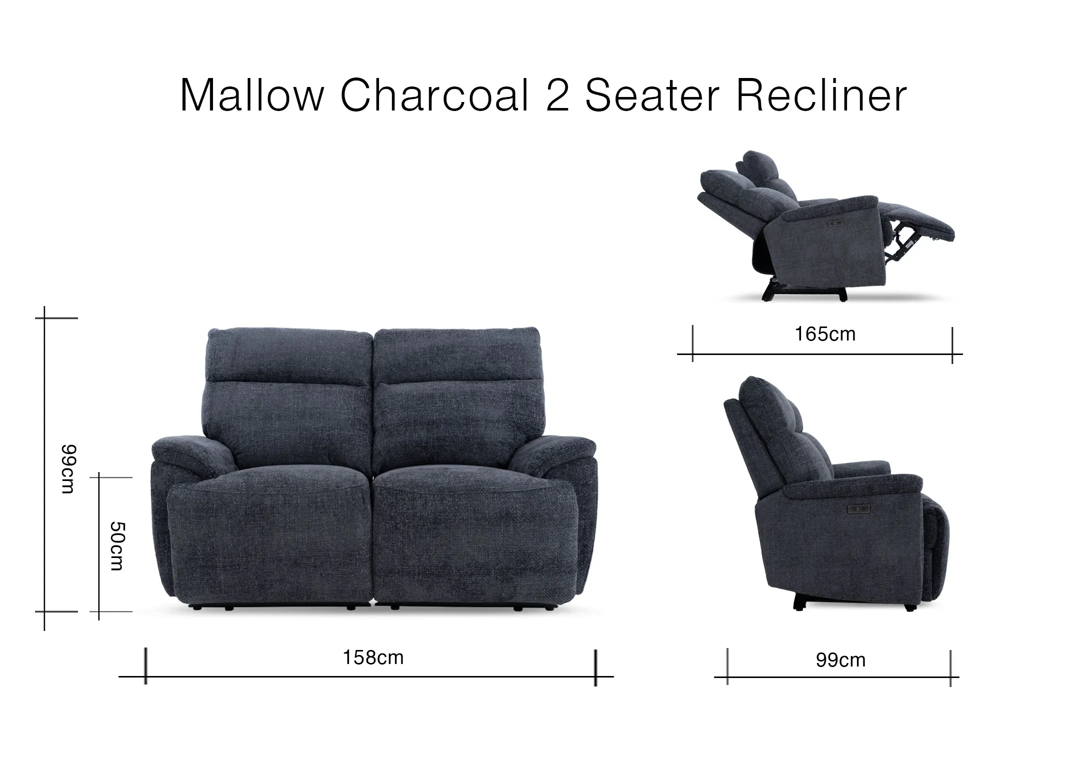 A dimension image of the Mallow 2 seater recliner with 158cm x 99cm x cm