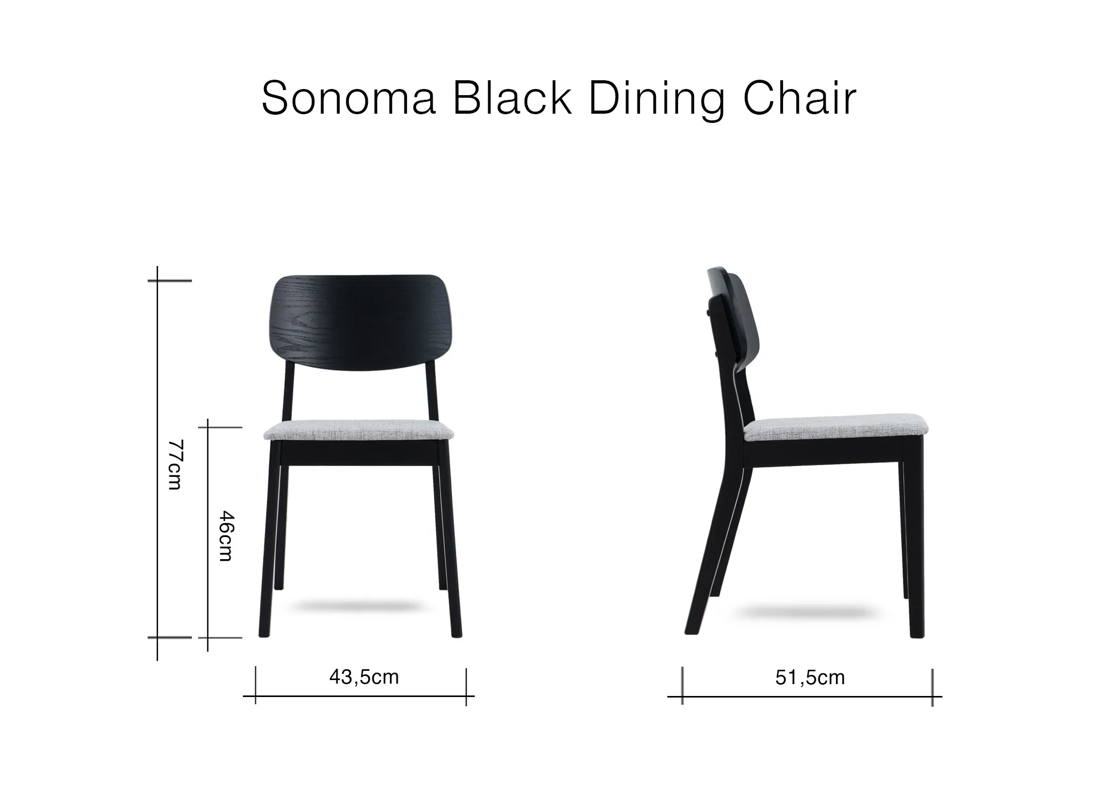 A dimension image of the Sonoma black dining chair with 43.5cm x 51.5cm x 77cm