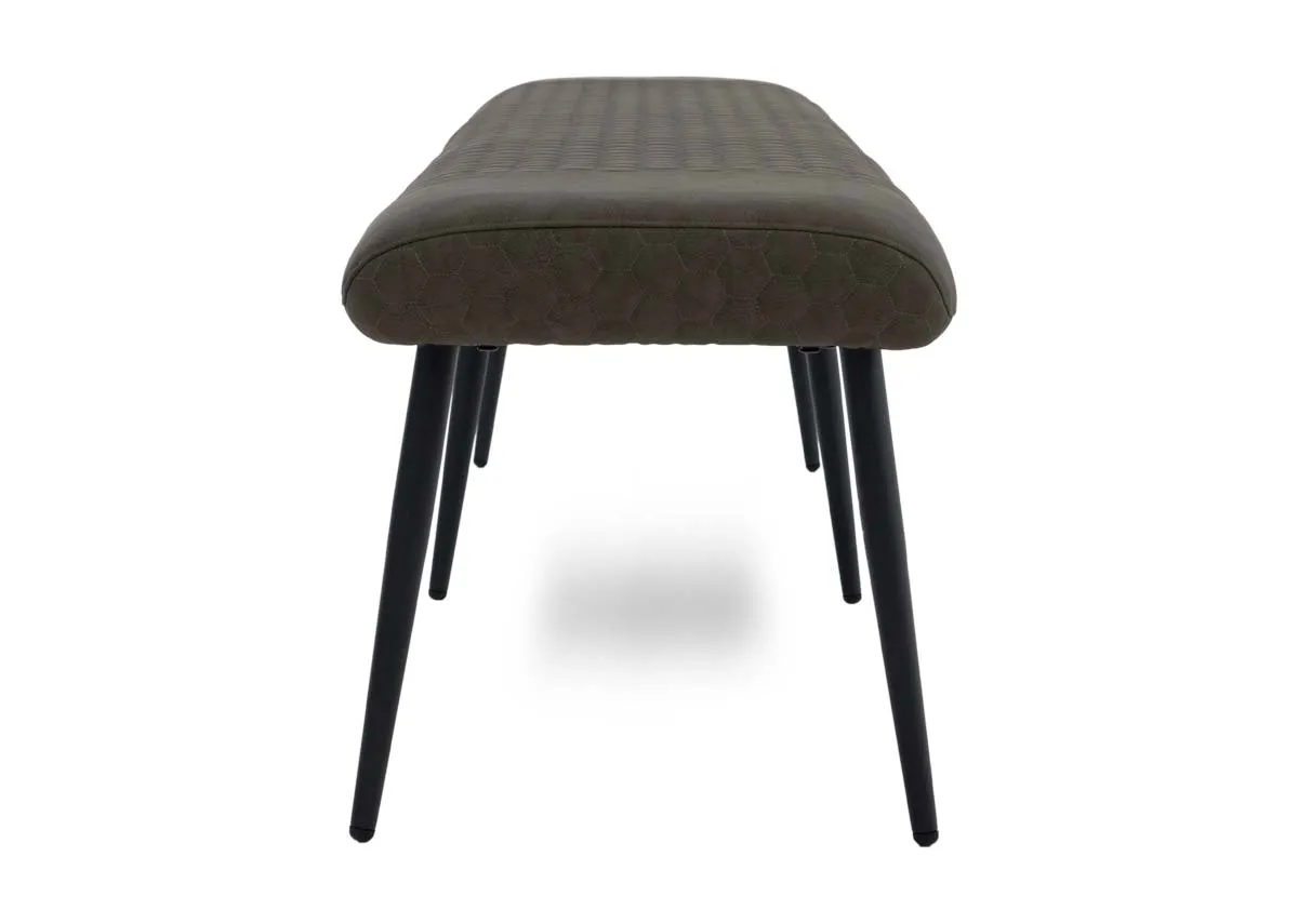 A flat dining bench with green faux leather fabric from EZ Livings Barton range.Side view of matt metal legs