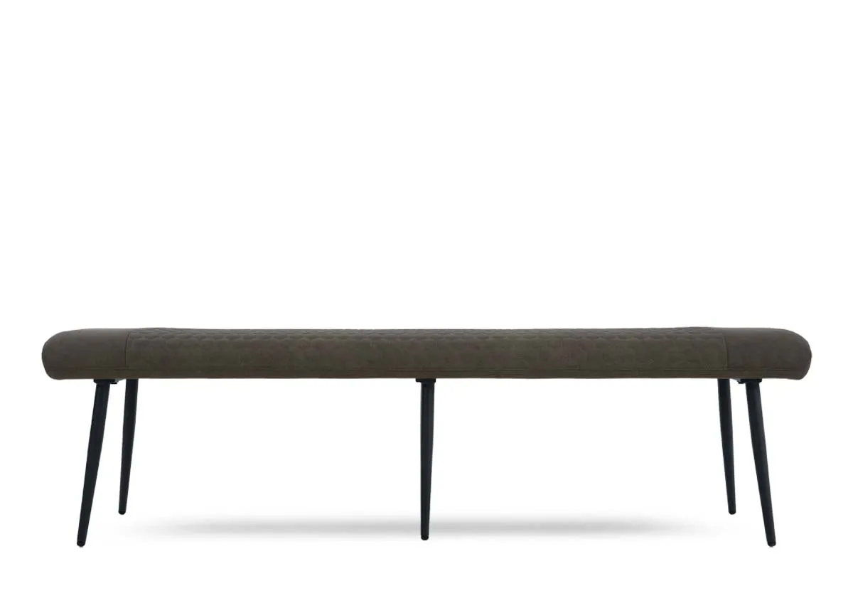A flat dining bench with green faux leather fabric from EZ Livings Barton range.Front view of 6 legs