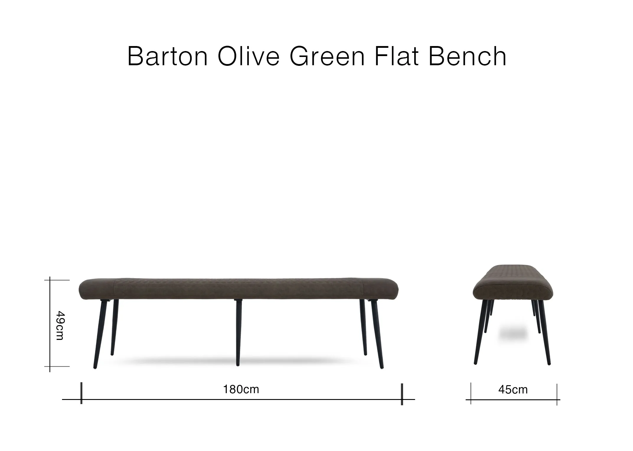 A dimension image of the Barton Bench with 180cm x 45cm x 49cm H