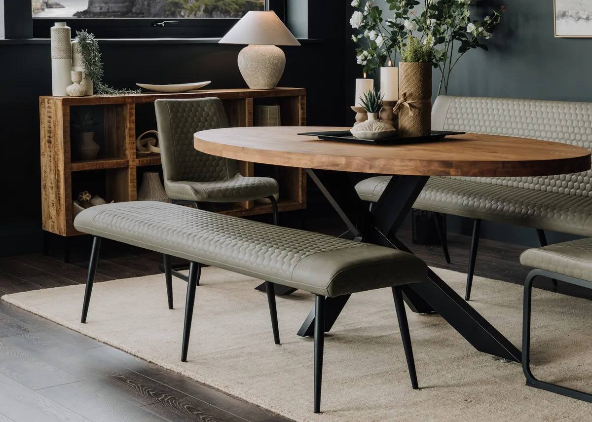 A lifestyle image of the Barton olive bench with the Oslo dining table and Barton dining chair