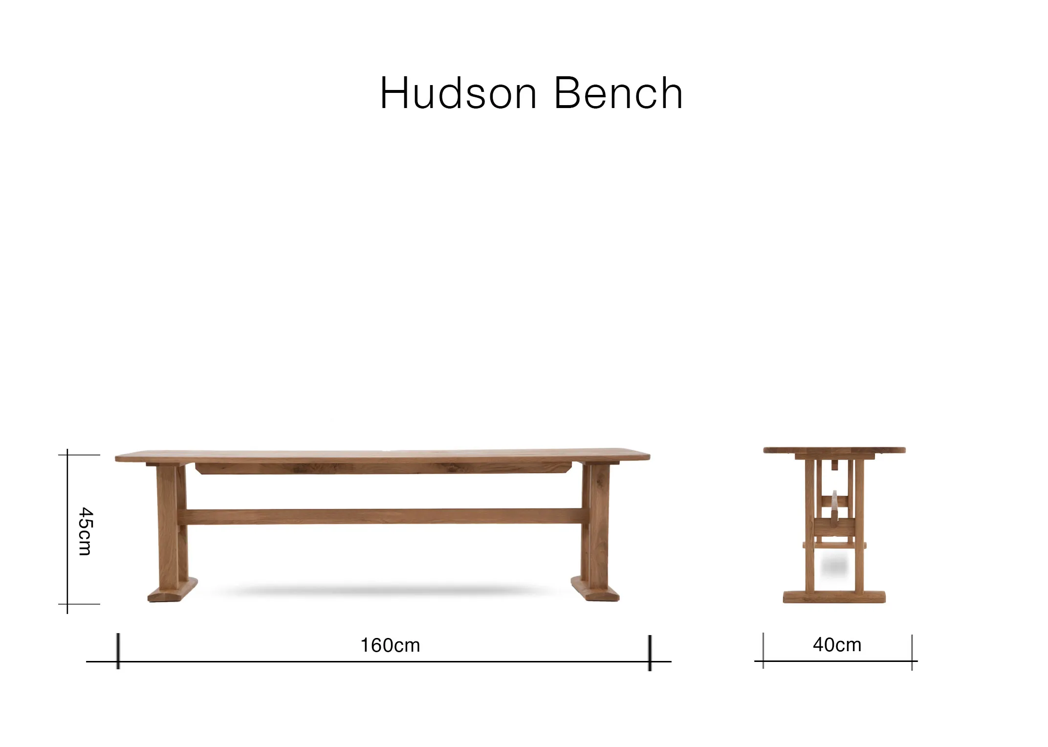 A dimension image of the Hudson dining bench with 160cm x 40cm x 45cm