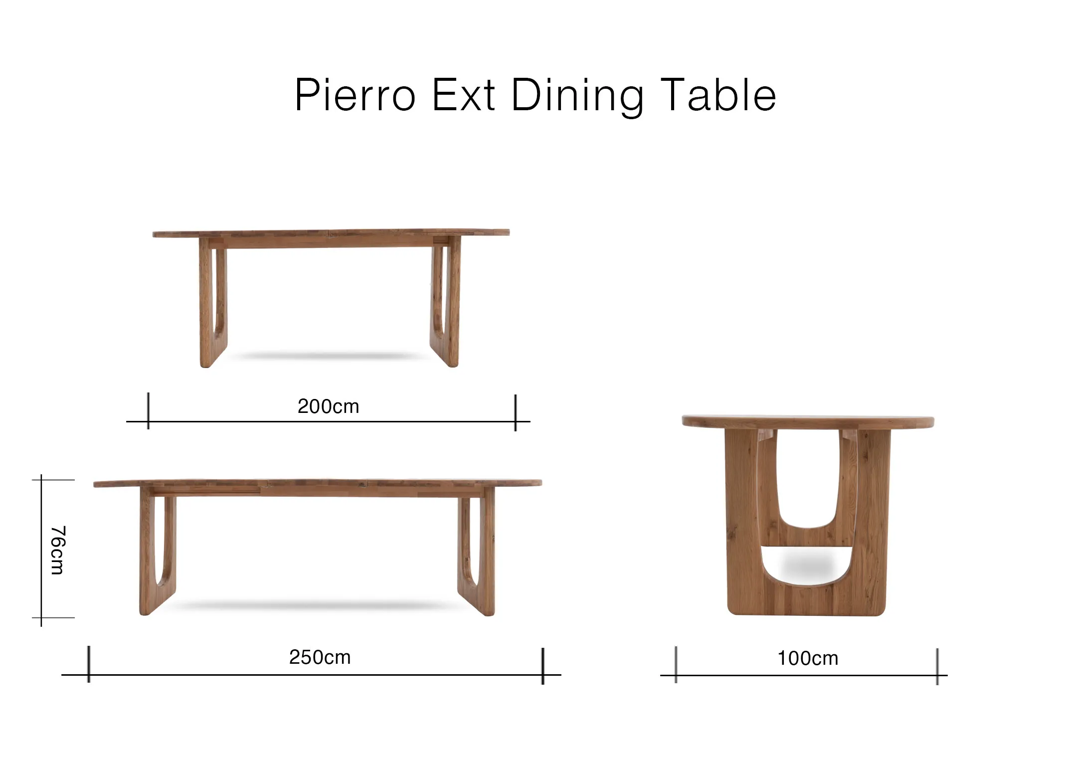 A dimension image of the Pierro dining table with 100cm D x 200-300cm Width x 76cm Height