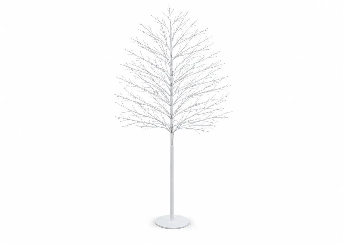 A 7ft white LED tree from EZ Livings Rudy range. Front view with lights on