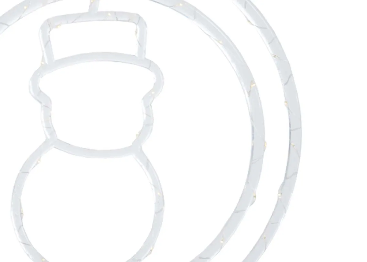 A close up of the hanging snowman clear decoration revealing its outline and subtle internal lights.