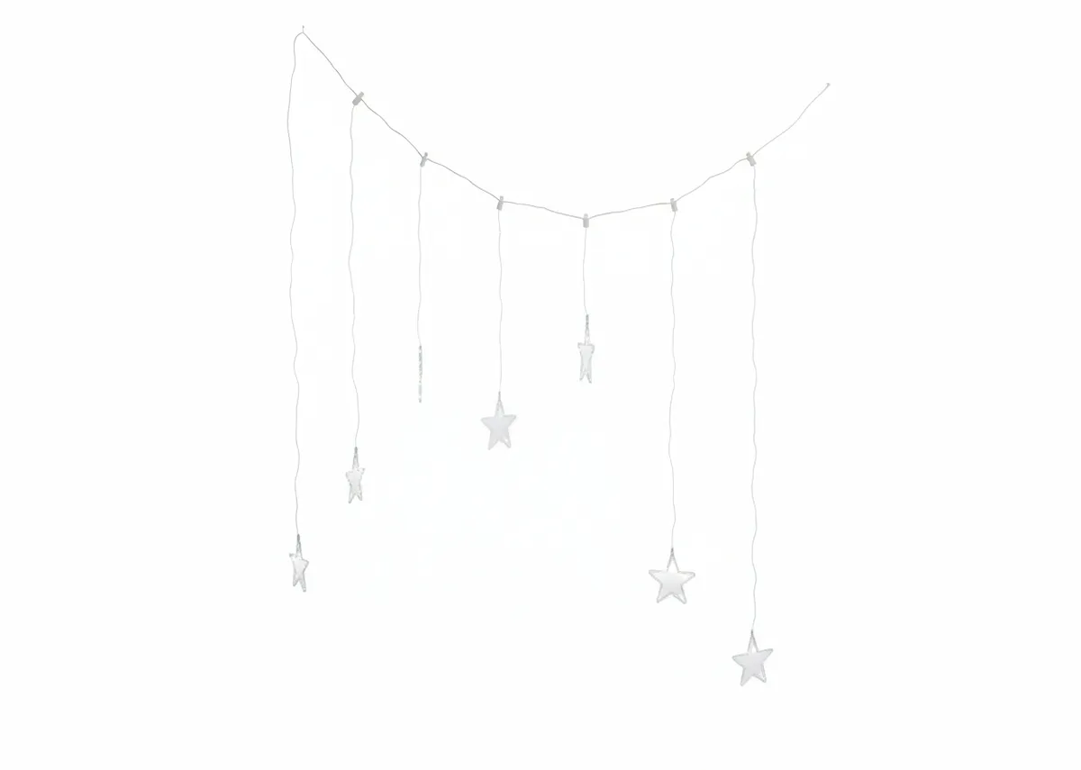 An LED curtain of stars operated by batteries. Front view of long led wires with stars on end
