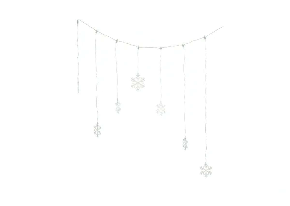 An LED curtain of prelit wires that have snowflake ends. Front view of full curtain unlit