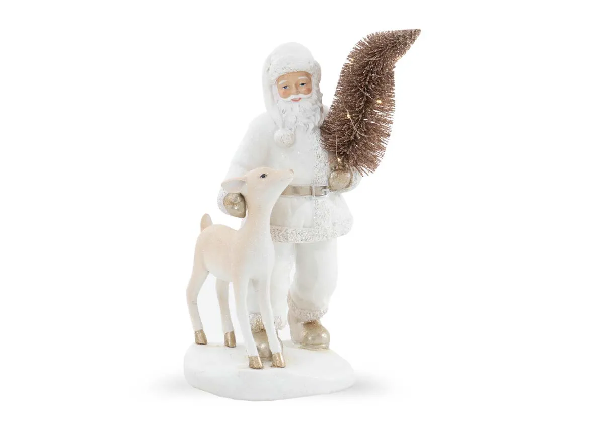 Santa Holding Xmas Tree with Deer - Christmas Figurine