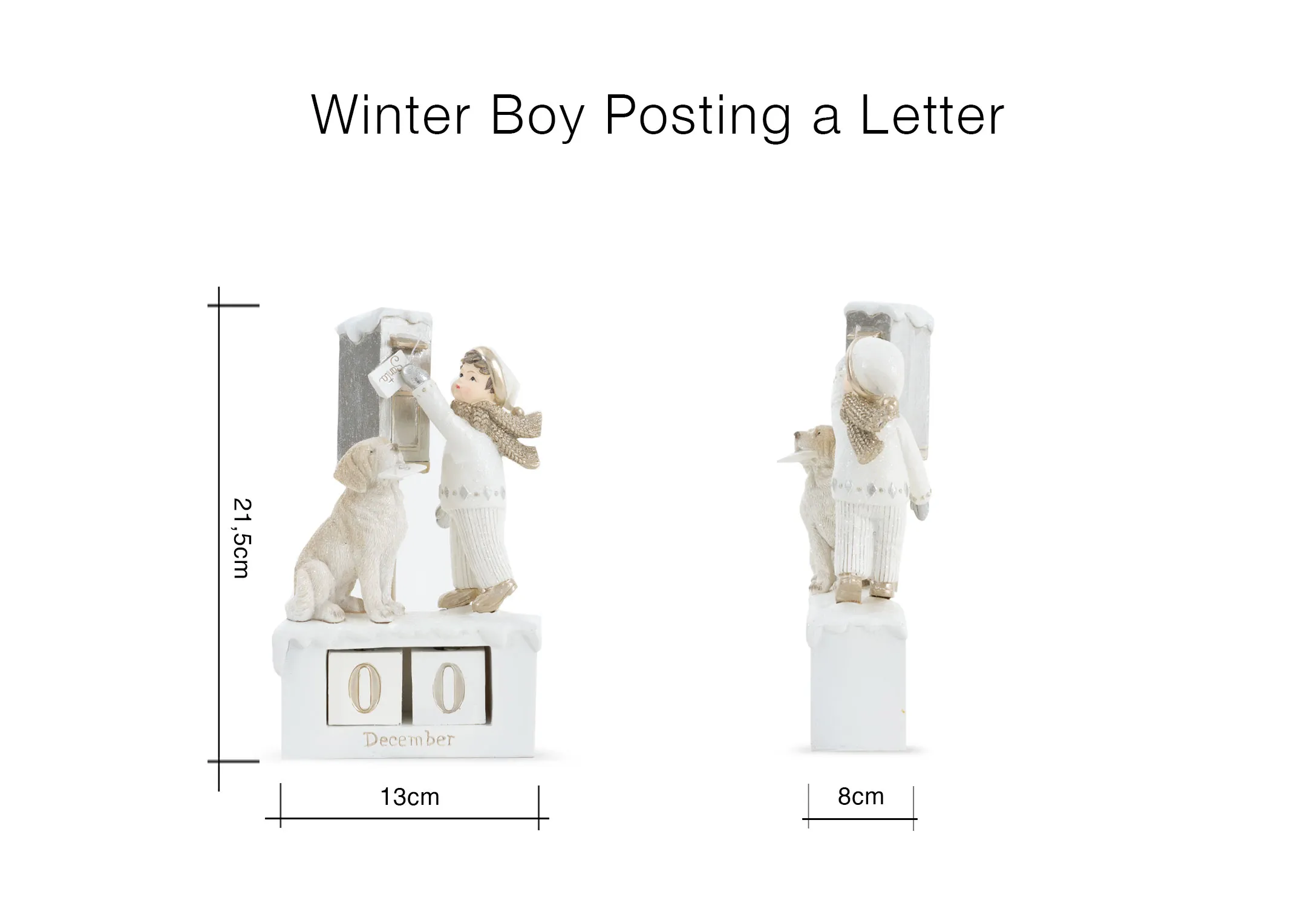 A dimension image of the Winter Boy with 13cm x 8cm x 21cm
