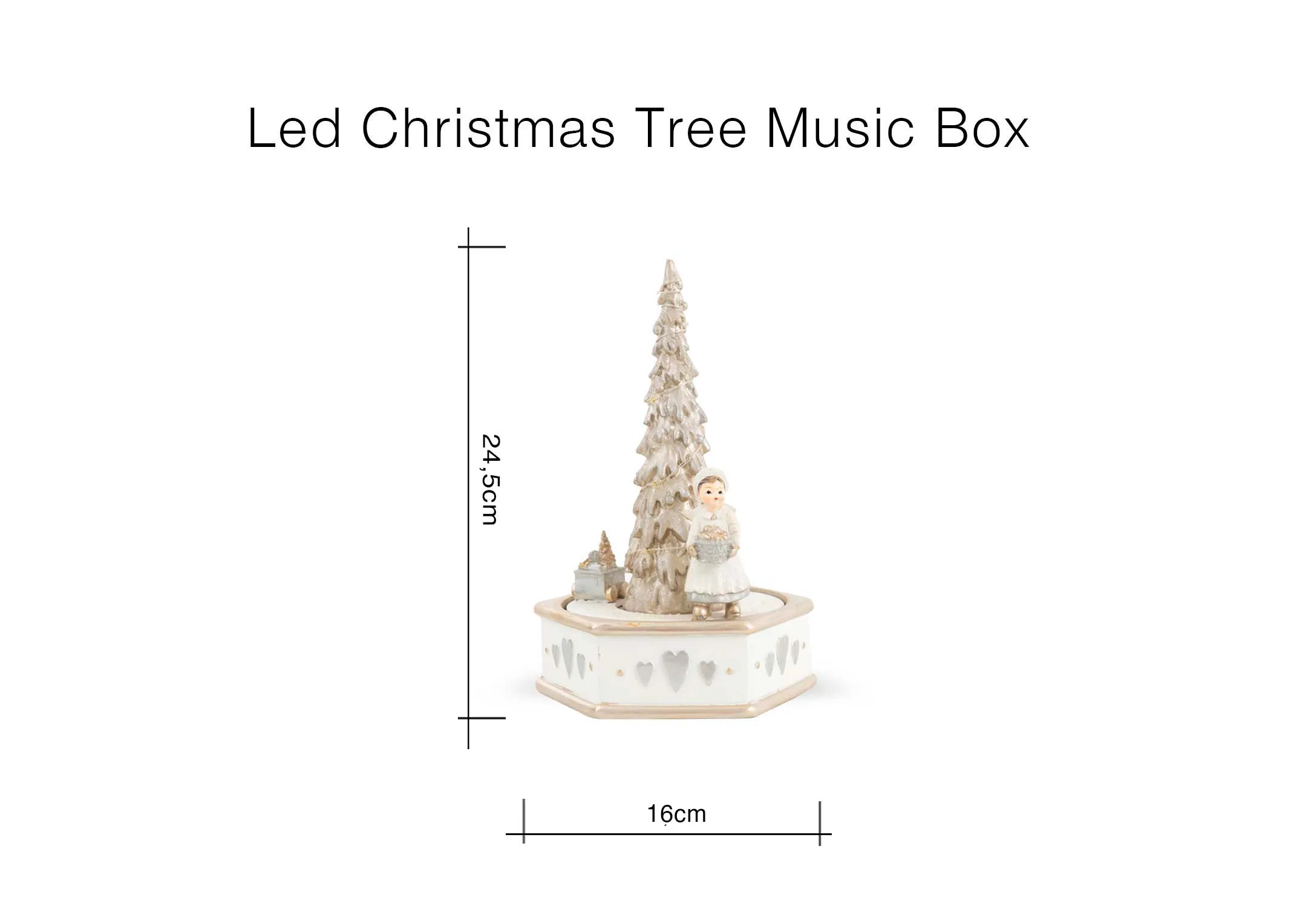 A dimension image of the LED Music box with 16cm x 24.5cm