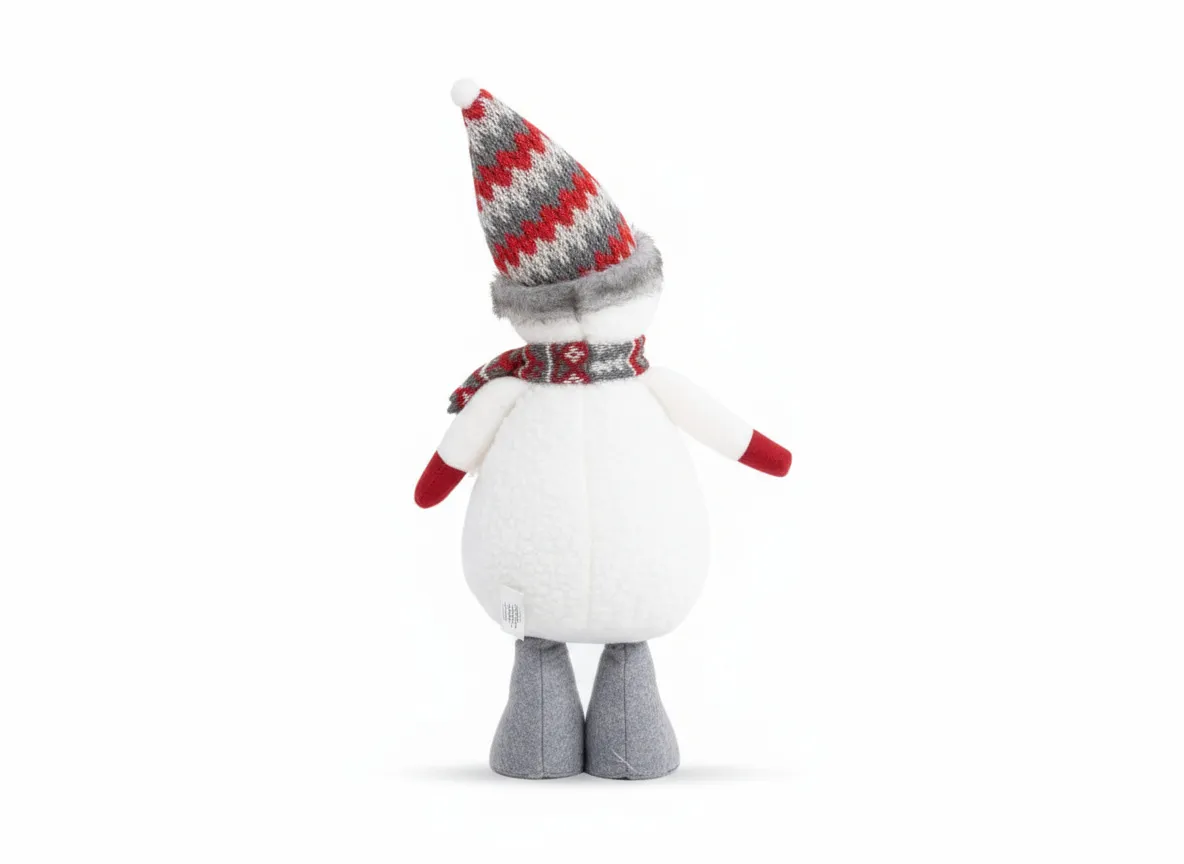 A christmas figurine in fabric from EZ Livings Christmas range. View of back of fabric snowman