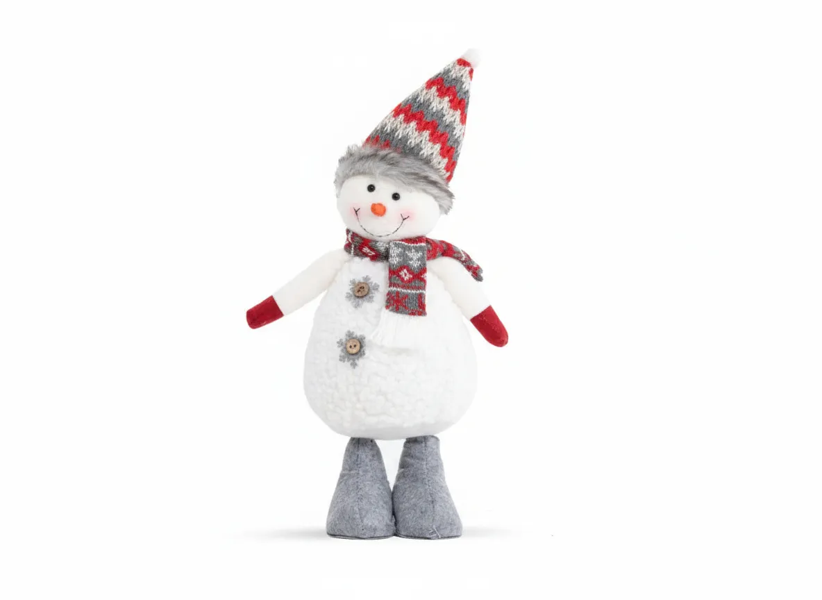 A christmas figurine in fabric from EZ Livings Christmas range. Angled view of Jack with tall red hat.