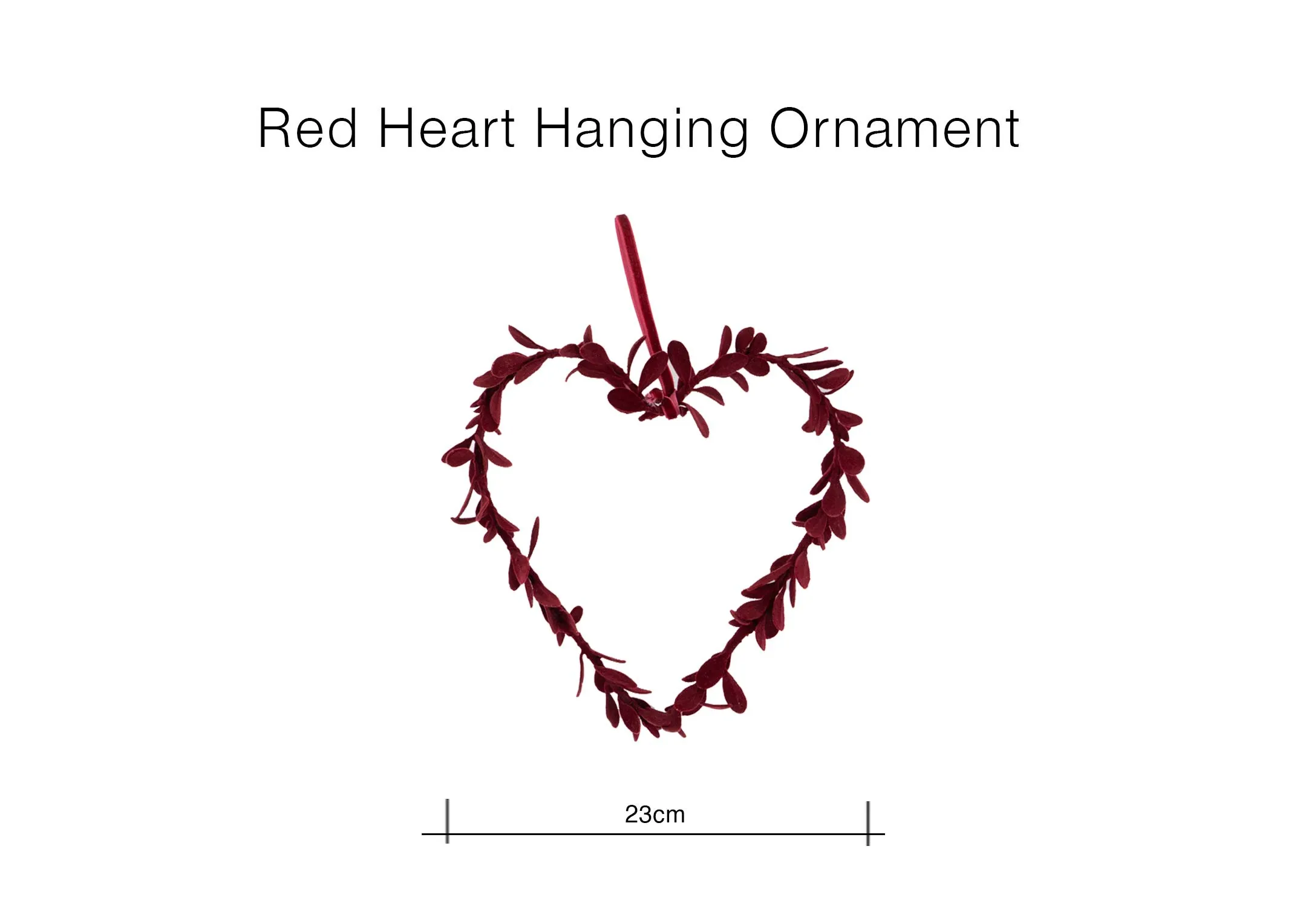 A dimension image of the Red Heart Hanging ornament with 23cm