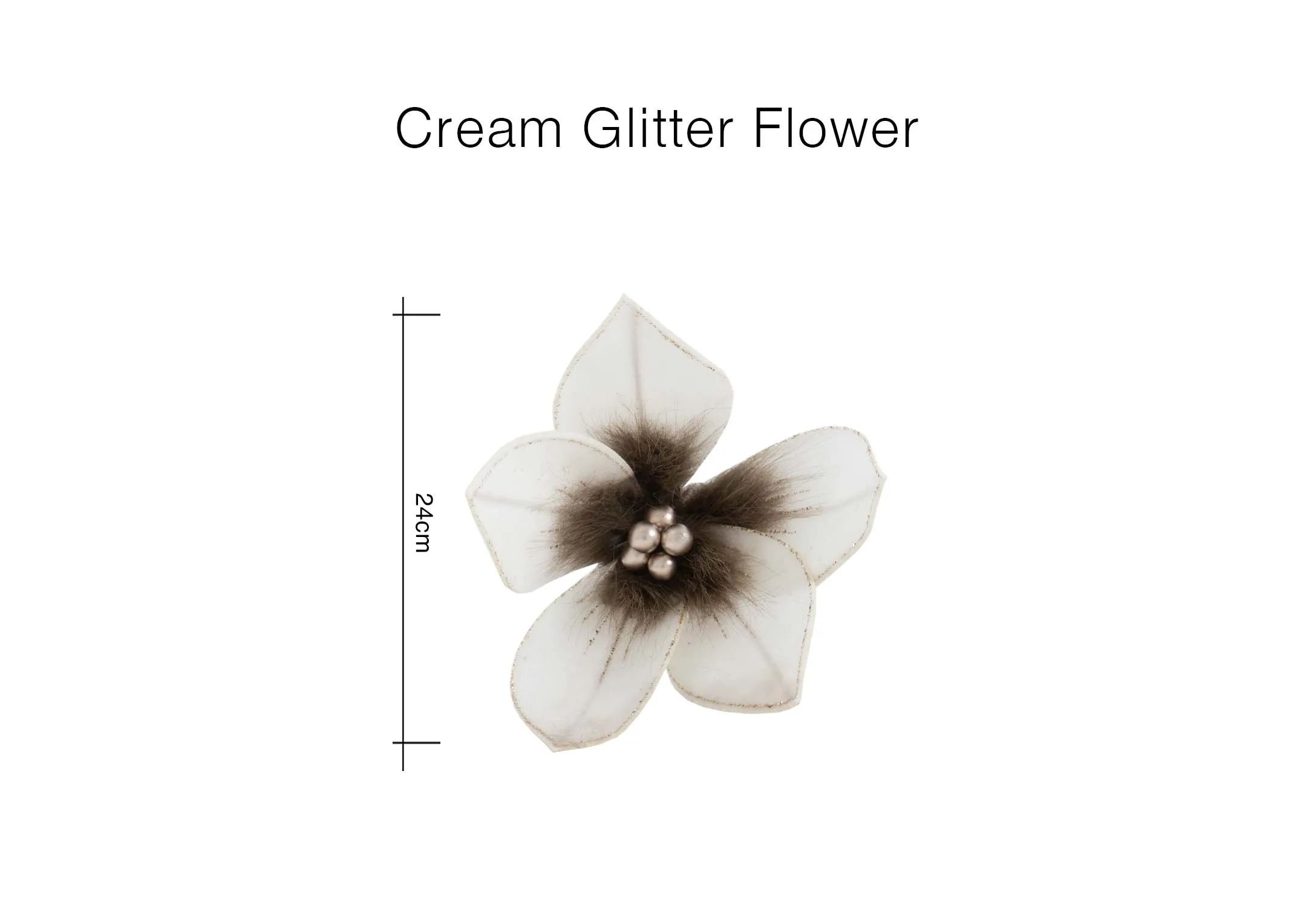 A dimension image of the Cream Glitter Flower with 24cm
