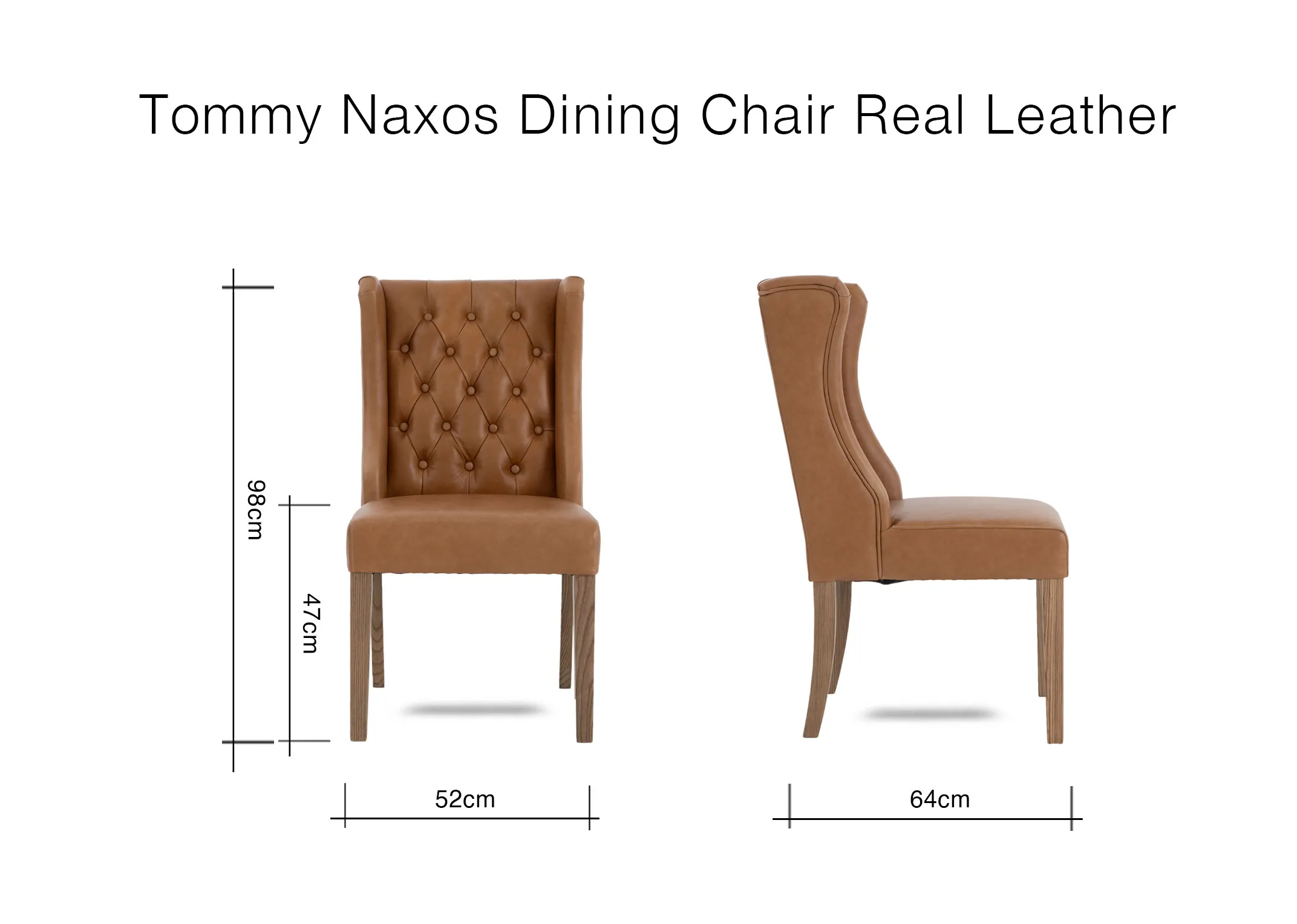 A dimension image of the Tommy Naxos chair with 52cm x 64cm x 98cm