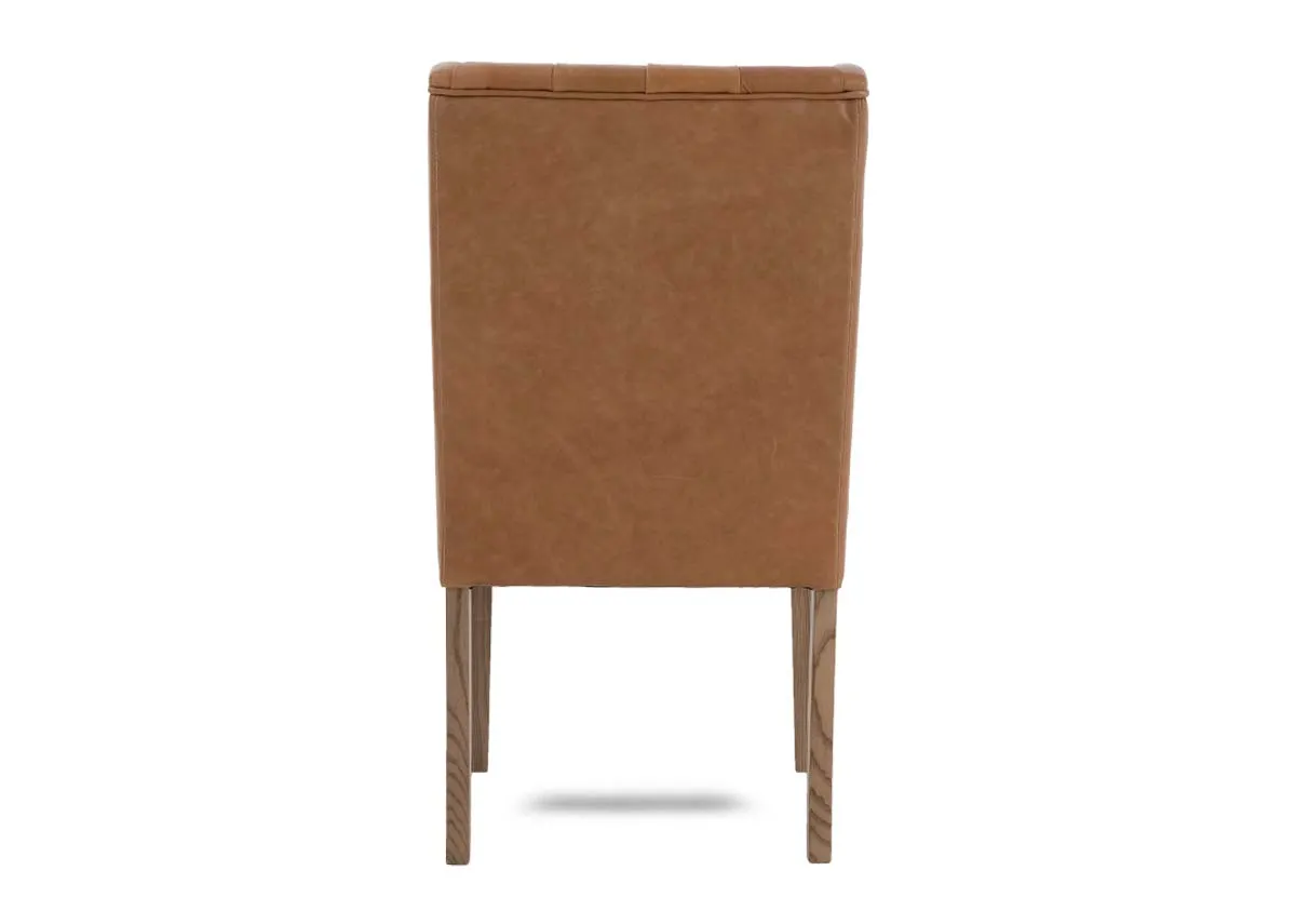 A tan leather dining carver chair from EZ Livings Naxos range. Back view of leather finish