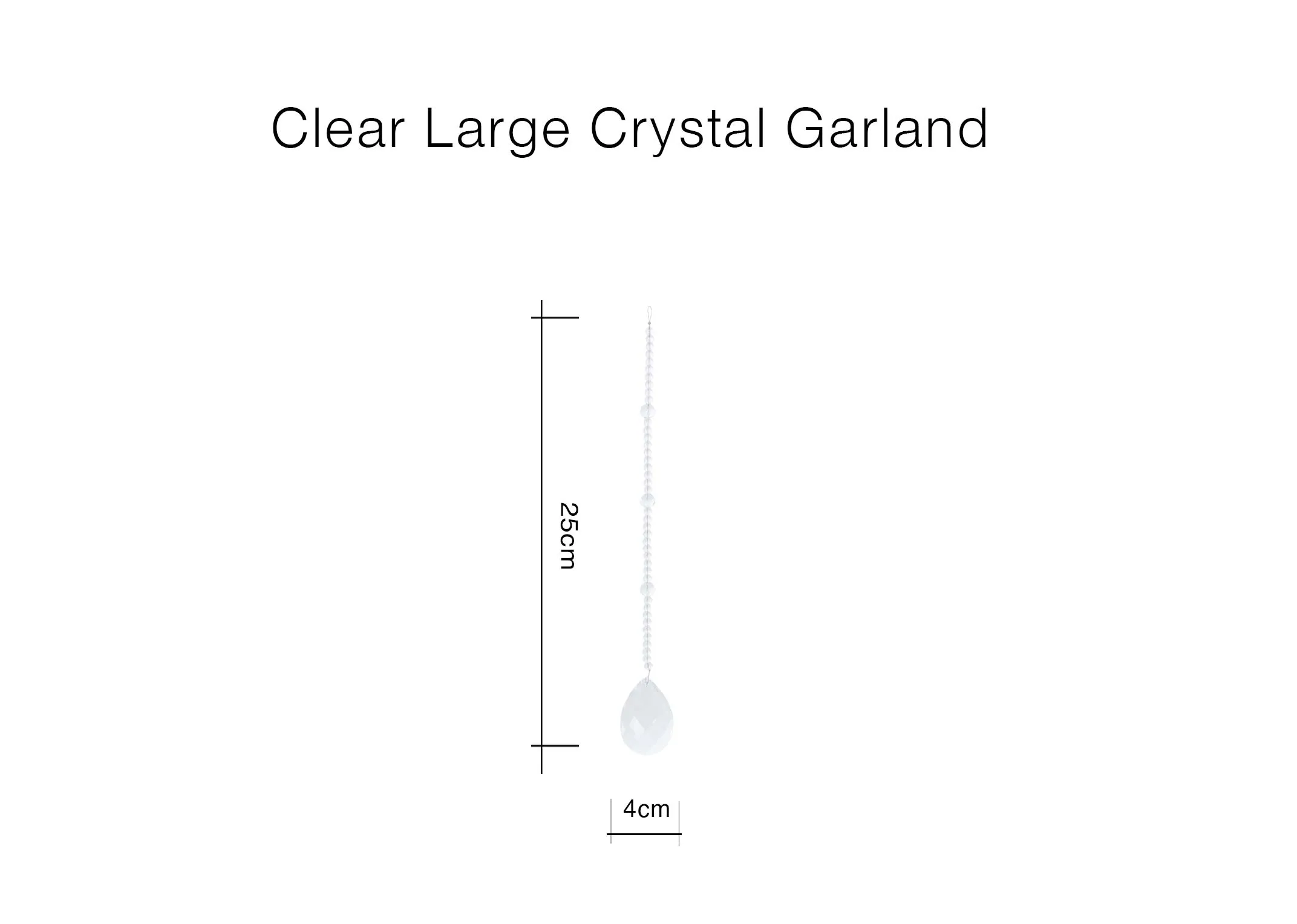 A dimension image of the Clear crystal garland with 4cm x 25cm
