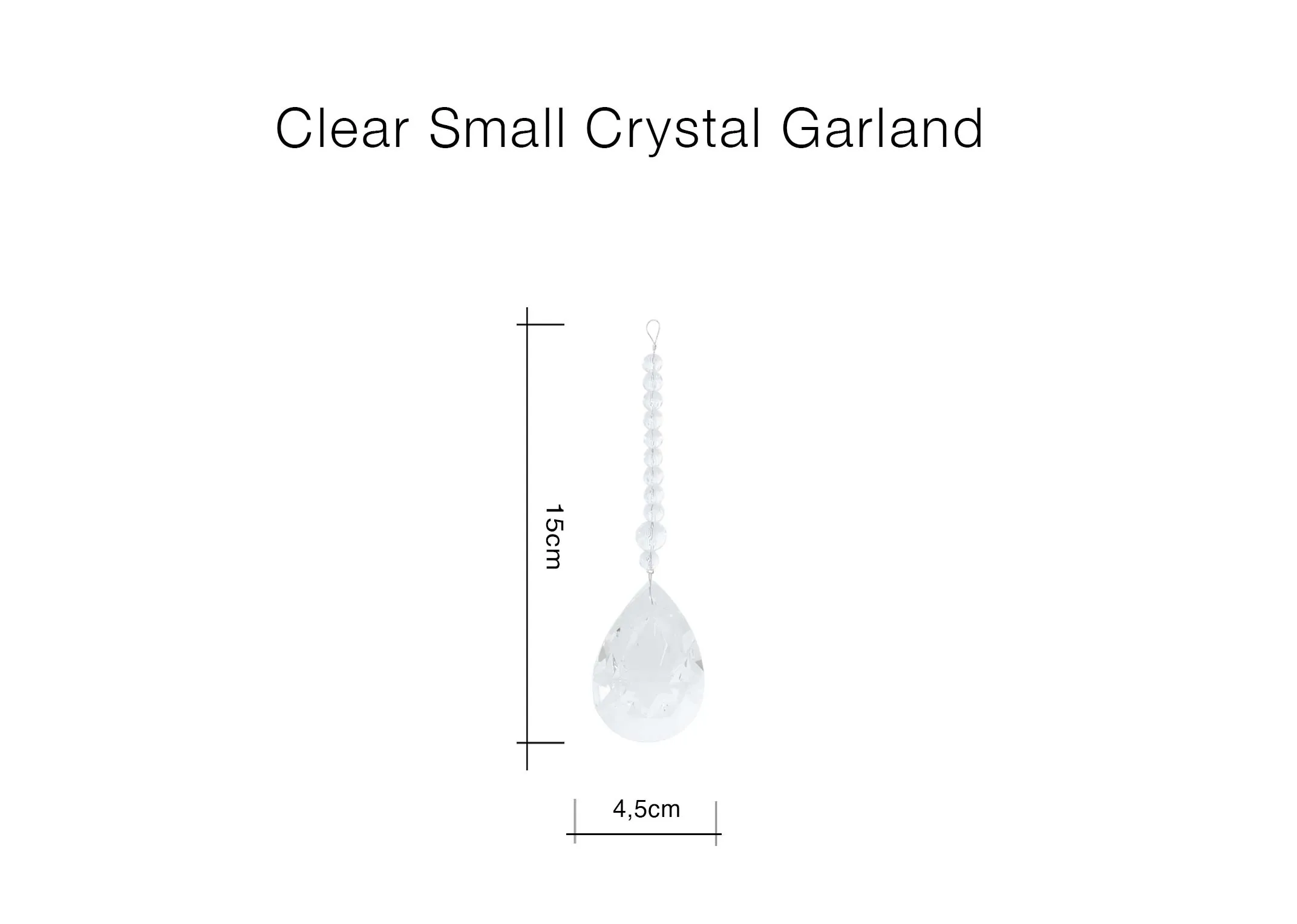 A dimension image of the Clear Crystal garland in small with 4cm x 15.5cm