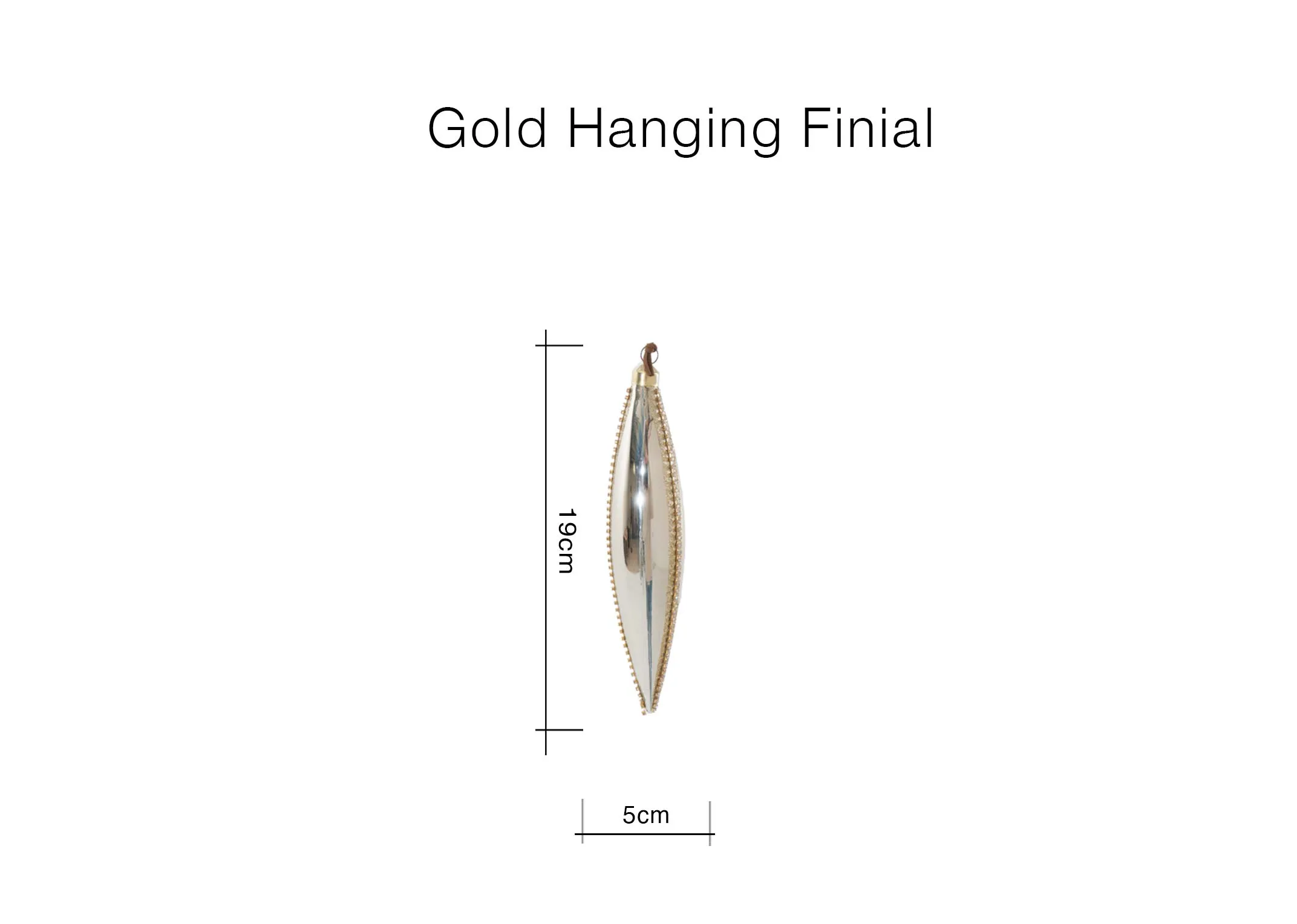 A dimension image of the Gold Hanging Finial with 5cm x 19cm
