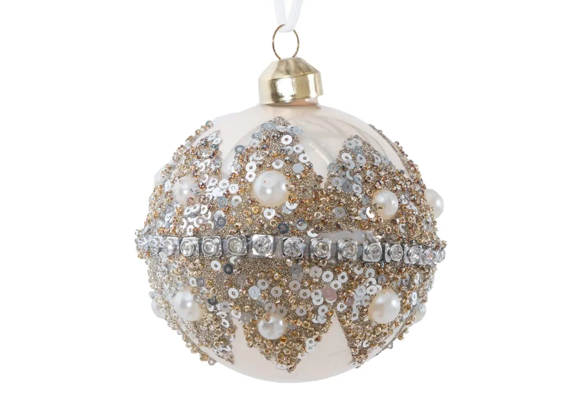 Box of 6 Vintage Pearl Encrusted - Christmas Bauble