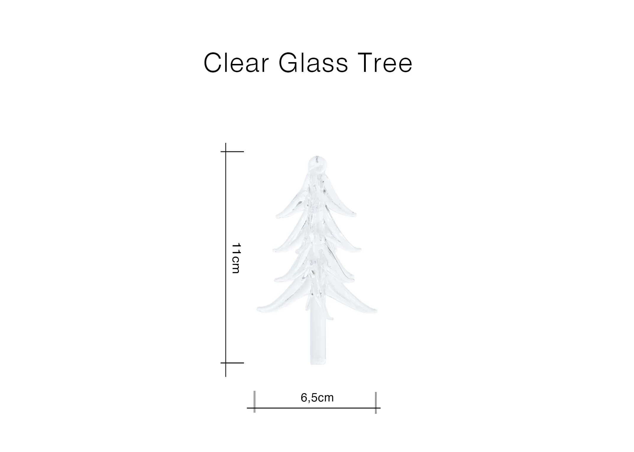 A dimension image of the Clear Glass tree with 6.5cm x 11cm