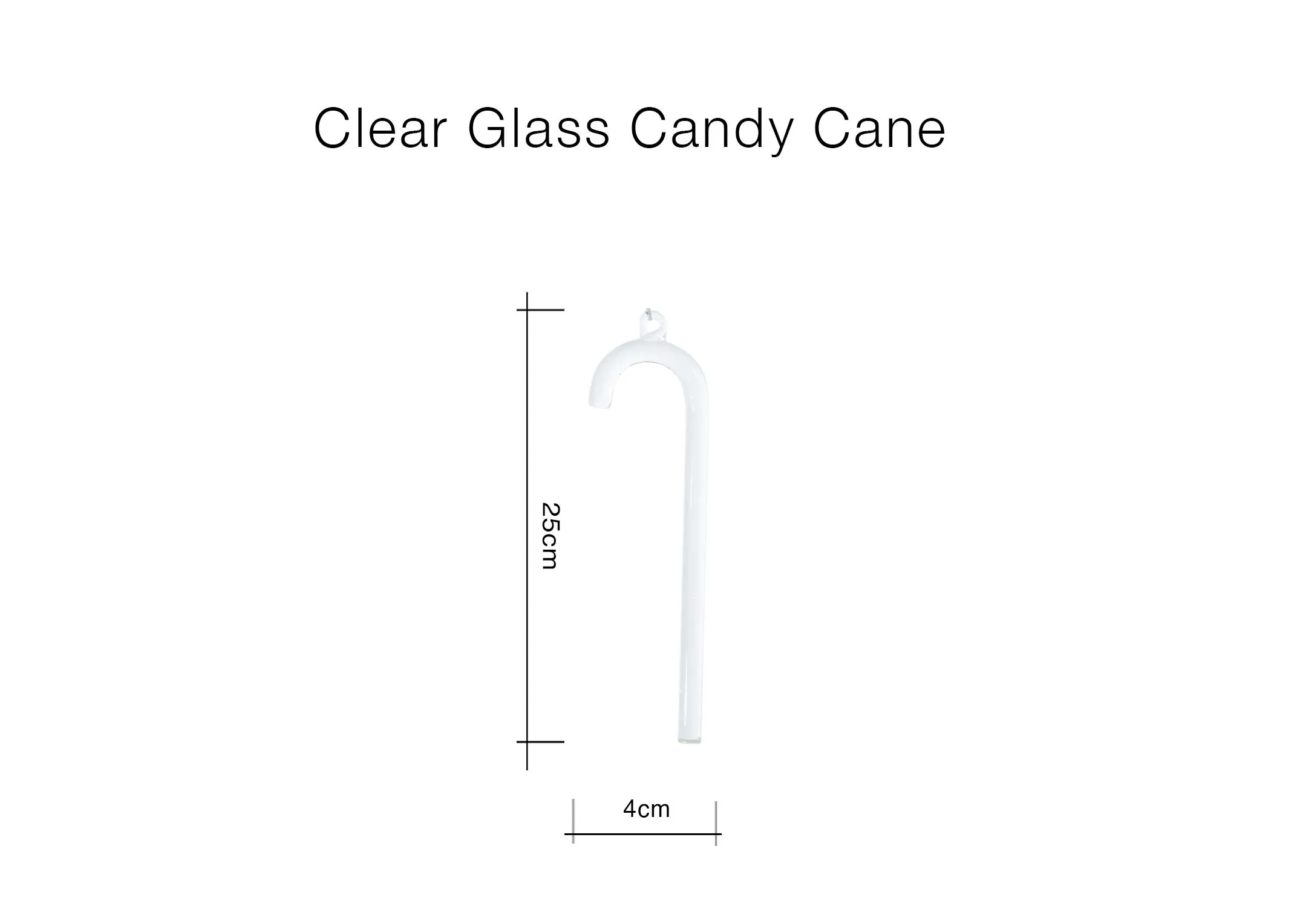 A dimension image of the Candy Cane decoration with 4cm x 25cm