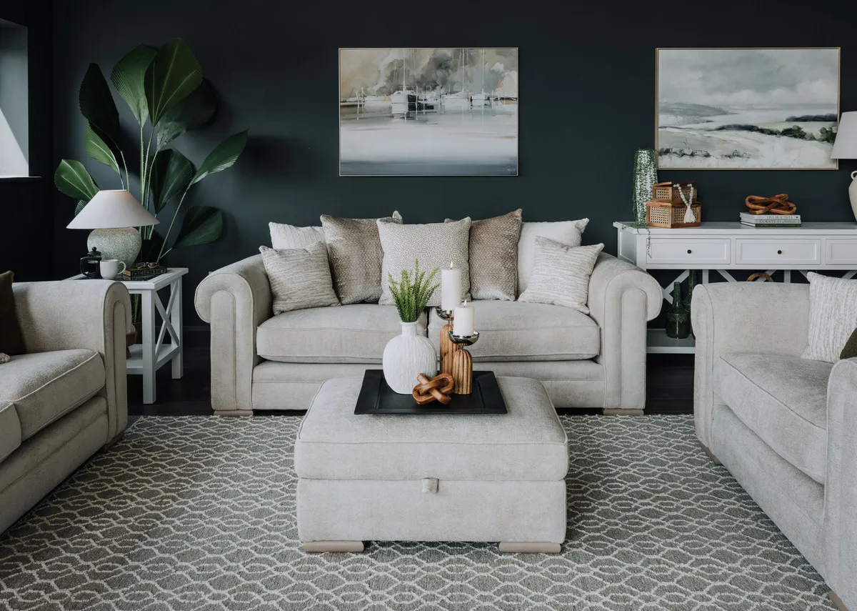 A lifestyle image of the Olivia soafs with the Heiny rug