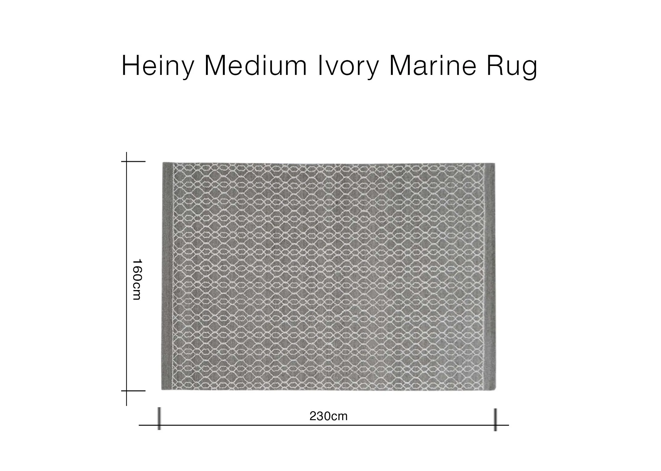 A dimension image of the Heiny medium rug with 160cm x 230cm