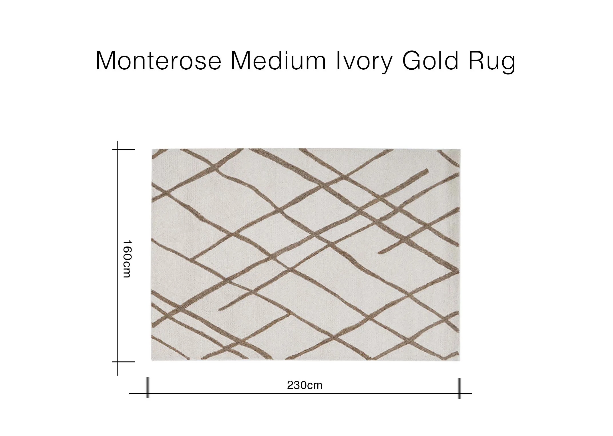 A dimension image of the Monterose Medium rug with 230cm x 160cm
