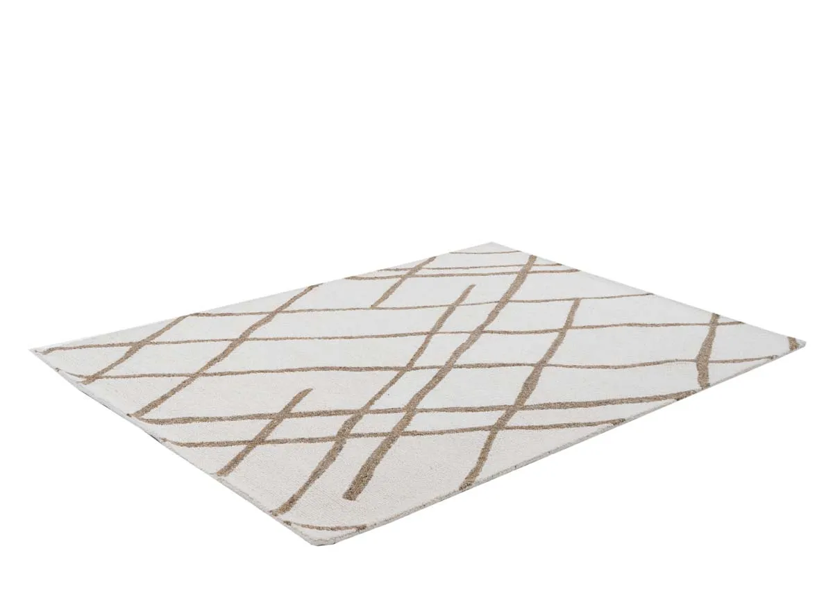 A cream rug with gold slashes from EZ Livings Monterose range.Angled view