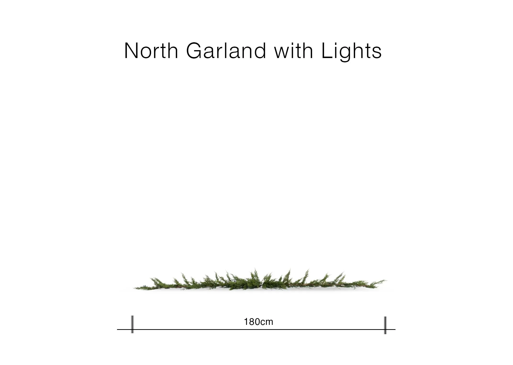 A green foliage garland with lights presented with a dimension overlay indicating a length of 180cm.
